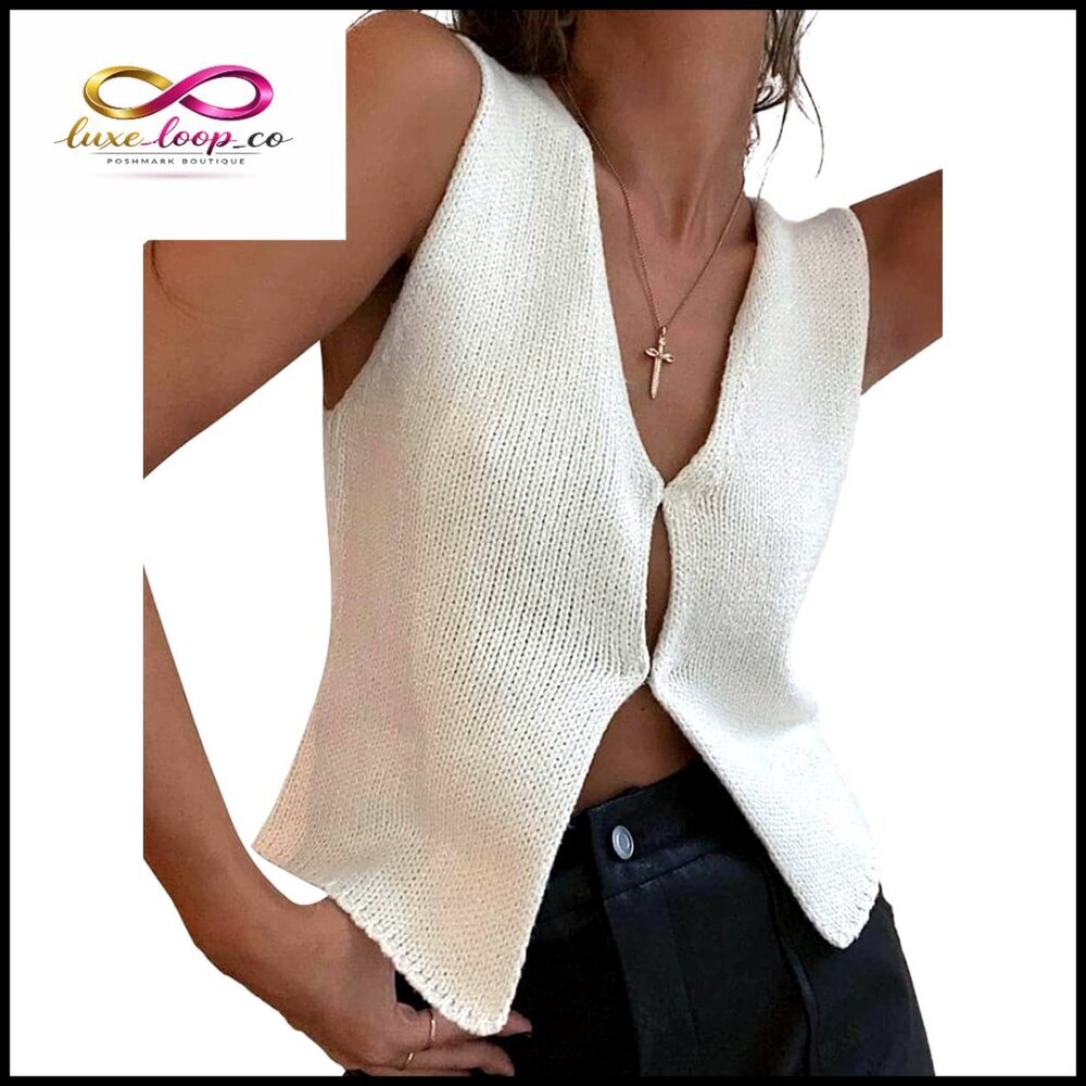 Sleeveless V-Neck Crochet Vest Top Button Down Polyester Casual